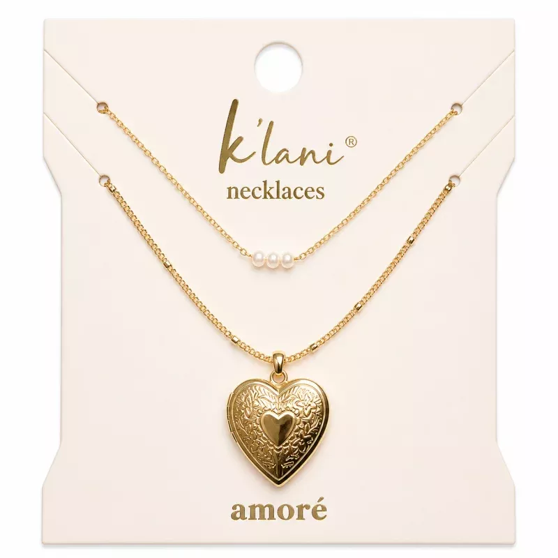 Amor Gold Heart with Pearl Details Necklace Set