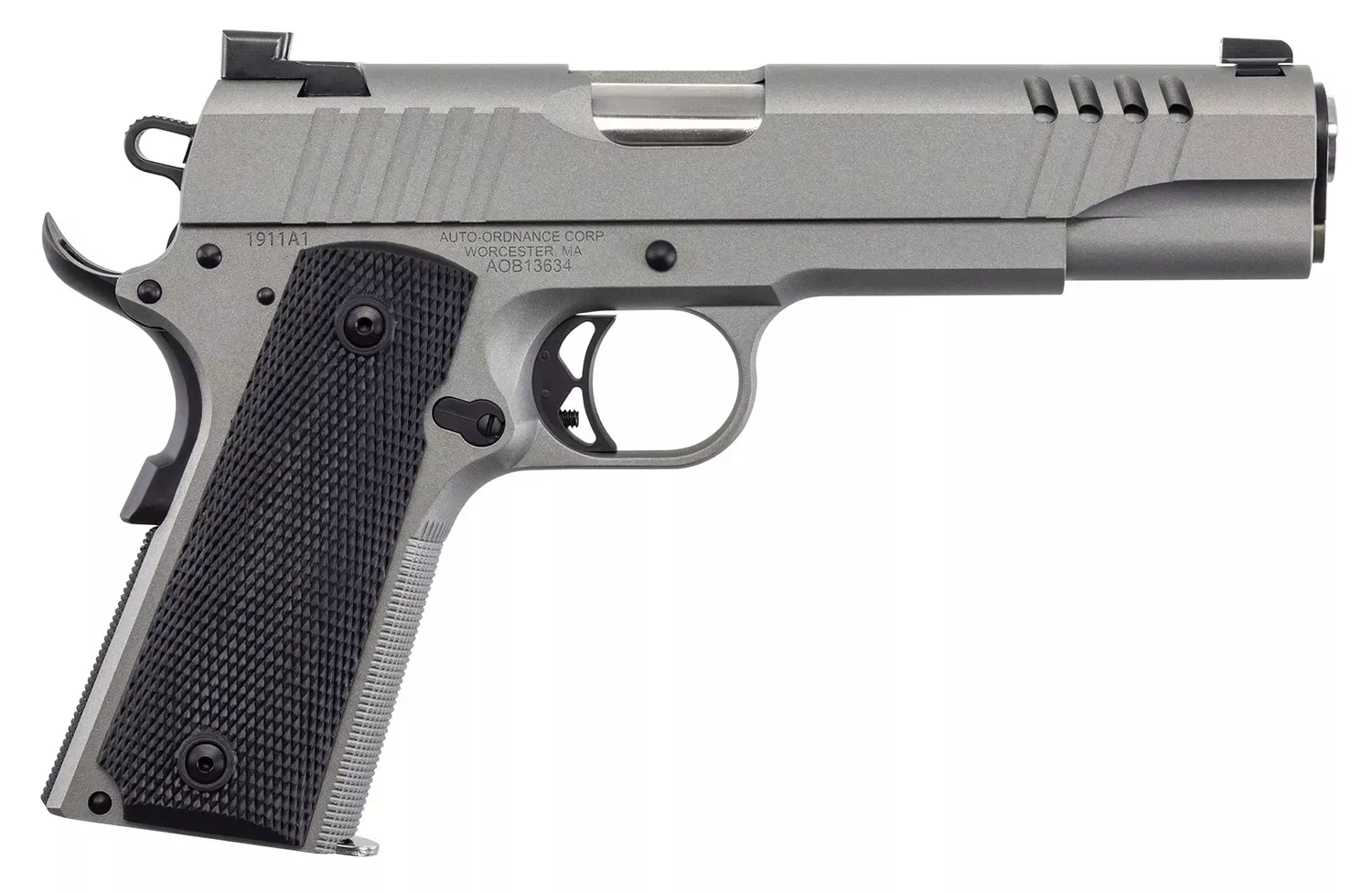 Auto-Ordnance 1911-A1 45 ACP Caliber with 5″ Barrel, 7+1 Capacity, Savage Silver Cerakote Stainless Steel Frame & Slide, Black Rubber Grip & Night Sights