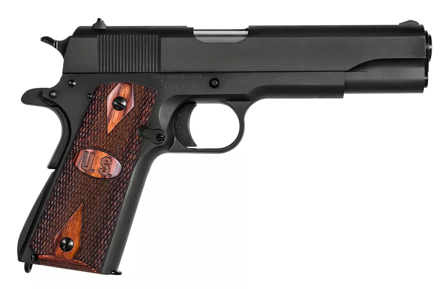 Auto-Ordnance 1911-A1 GI Spec 9mm Luger Caliber with 5″ Barrel, 9+1 Capacity, Matte Black Finish Carbon Steel Frame & Slide with Integrated US Logo Checkered Wood Grip