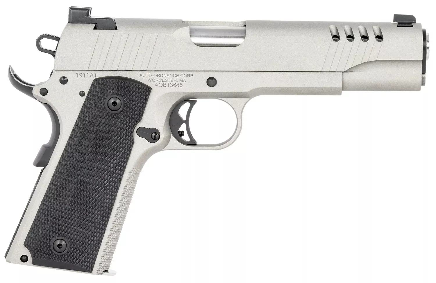 Auto-Ordnance 1911-A145 ACP Caliber with 5″ Barrel, 7+1 Capacity, Savage Silver Cerakote Finish Stainless Steel Frame & Slide with Black Rubber Grip
