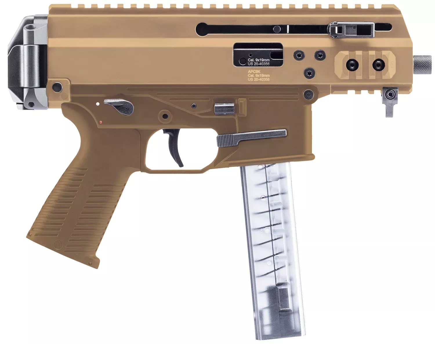 B&T Firearms APC9K PRO 9mm 30+1 4.30″ Threaded Barrel Alum Rec Polymer Grip 3/6/9/12 Rails Direct Impingement Tan BT36045CT