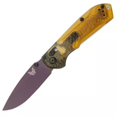 Benchmade Mini Freek Folding Lock Knife Ultem 3" Purple Blade Yellow Ultem handle scales