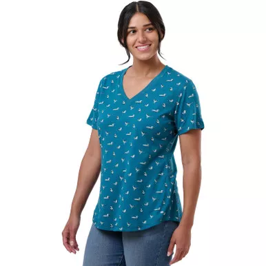 BERNE Women's Performance Print Turquoise Birds V-Neck Short Sleeve T-Shirt (BSW40QTB)