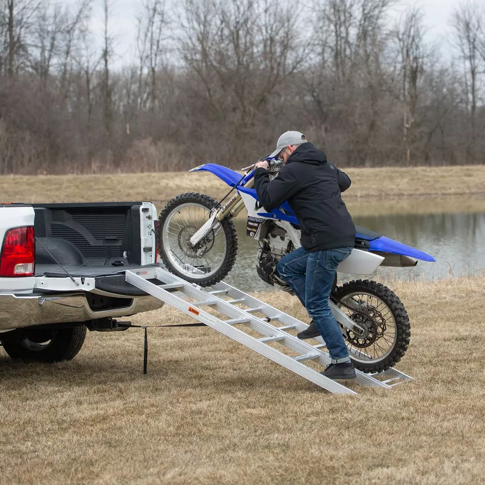 Black Widow Motorcycle Loading Ramp with Steps | Model MC-STEPRAMP-1737 | Width 6′ 10.25″ Bi-Fold | Ramp Capacity 750 lb. | Step Capacity 400 lb. | For Truck & Trailer