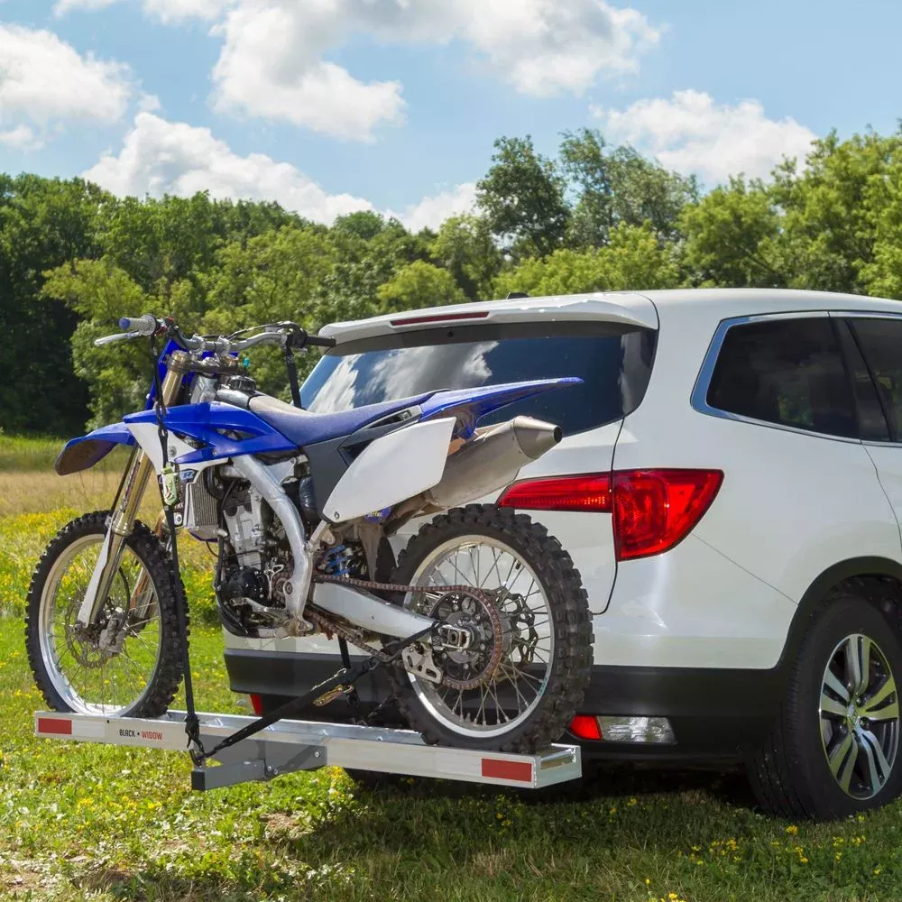 Black Widow Nonfolding Dirt Bike Carrier | Model AMC-400L | 5.5″ Track Width | Extra-Long 6′ Ramp | 400 lb Capacity | For Class III/IV 2″ Hitch Motorcycles & EBikes