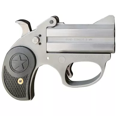 Bond Arms BASRS Stinger 9mm Luger 2rd 2.5" Matte Stainless Steel Double Barrel & Frame, Rebounding Hammer, Blade Front/Fixed Rear Sights, Black Rubber Grip, Manual Safety