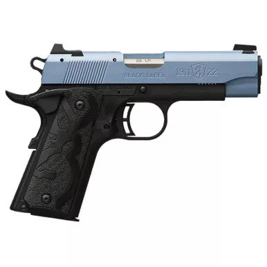 Browning 051898490 1911 Black Label Compact Frame 22 LR 10+1, 3.63" Matte Stainless Steel Barrel, Polar Blue Cerakote Serrated Slide, Matte Black Polymer Frame w/Beavertail, Black Laminate Wood Grip