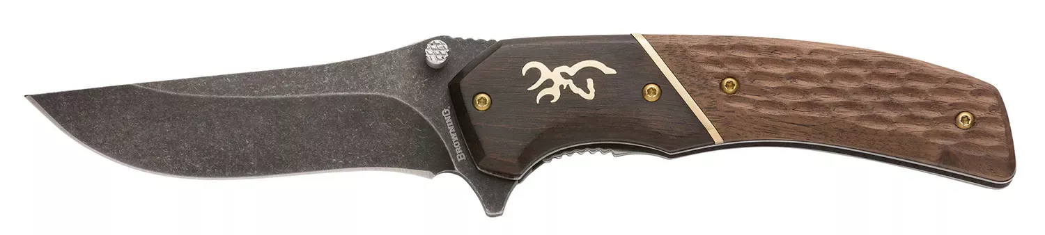 Browning Hunter Large Large 3.50" Folding Drop Point Plain Black Oxide Stonewashed 440C SS Blade/ Brown Jigged Hardwood Walnut Handle Includes Pocket Clip