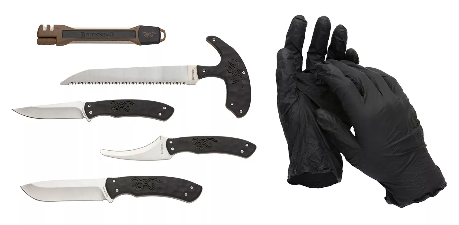 Browning Primal Combo 8Cr13MoV SS Skinner, Caper, Gut Tool, Bone Saw, Sharpening Tool Black Polymer Over-mold