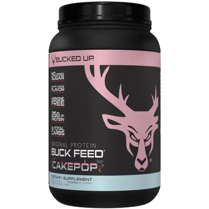 Bucked Up Buck Feed Protein Cake Pop 30 Serving Tub – High-Quality Whey Protein Supplement with Deer Antler Velvet Powder