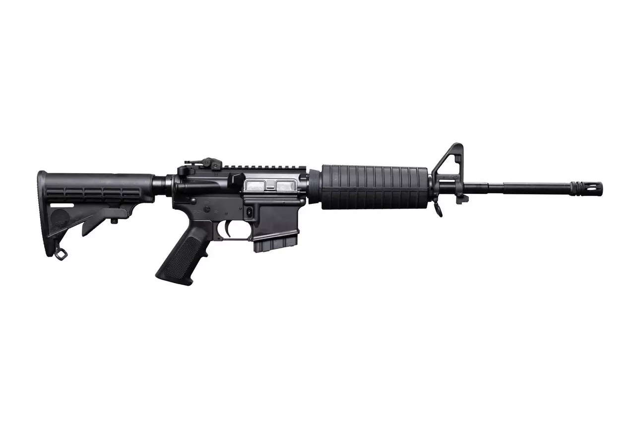 Bushmaster M4 Patrolman’s CA Compliant 5.56 10+1 16″ Barrel Flat-top Rec A-2 Front/Flip-up Rear Sight Adj Stock Black 0010011CA