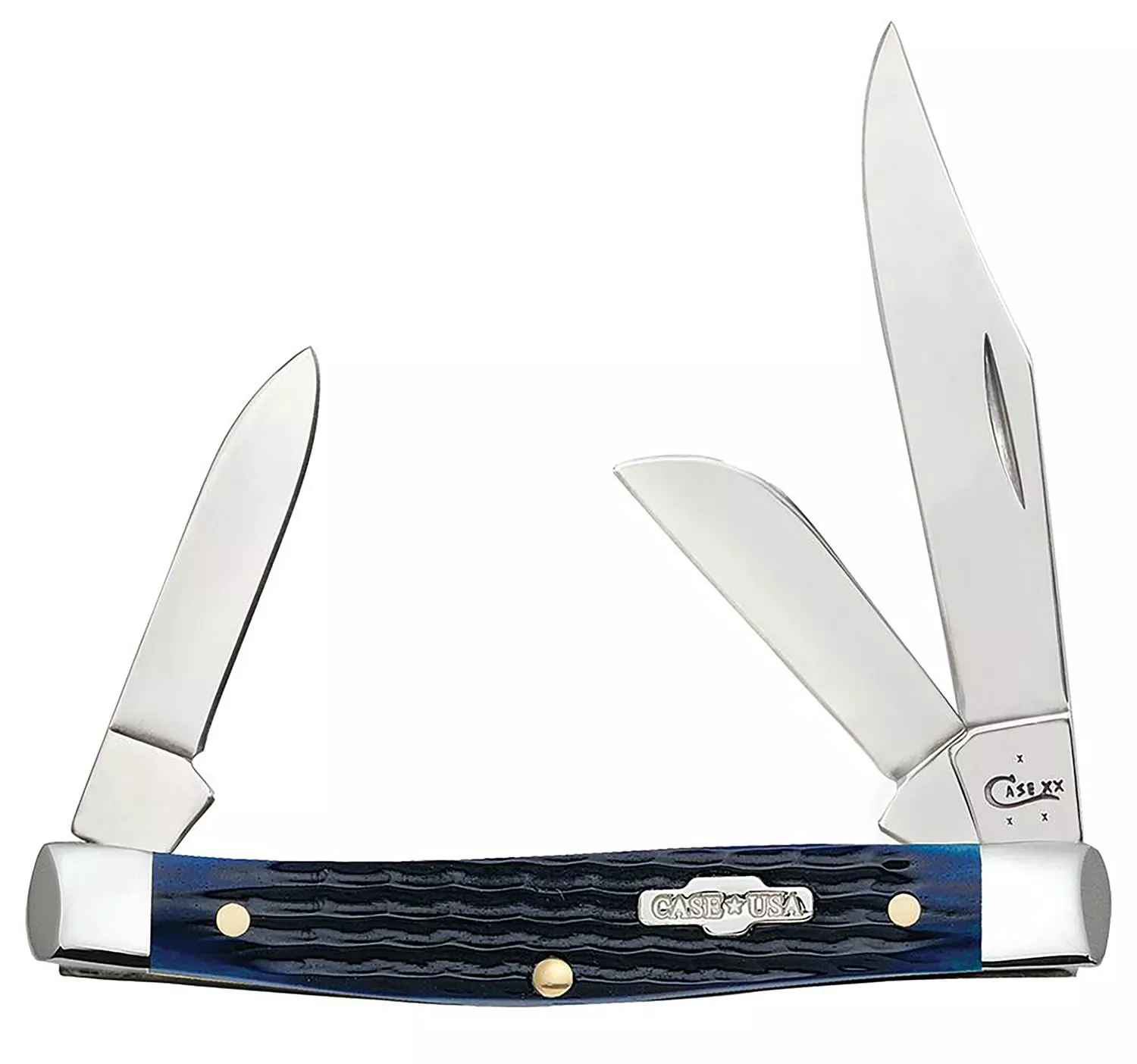 Case Stockman Medium 2.42″/1.58″/1.57″ Folding Clip/Sheepsfoot/Pen Plain Mirror Polished Tru-Sharp SS Blade/Rogers Corn Cob Jigged Blue Bone Handle