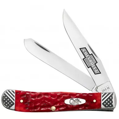 Case XX Chevrolet Jigged Dark Red Bone US. Flag Trapper Stainless Chevy