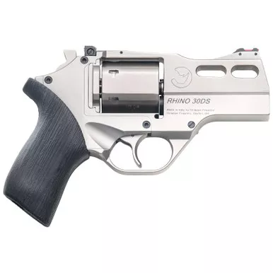 Chiappa Firearms CF340290 Rhino 30SAR *CA Compliant Small Frame 357 Mag 6 Shot, 3" Nickel-Plated Steel Vent Rib Barrel & Cylinder, Nickel-Plated Aluminum Frame, Black Rubber Grip, Concealed Hammer