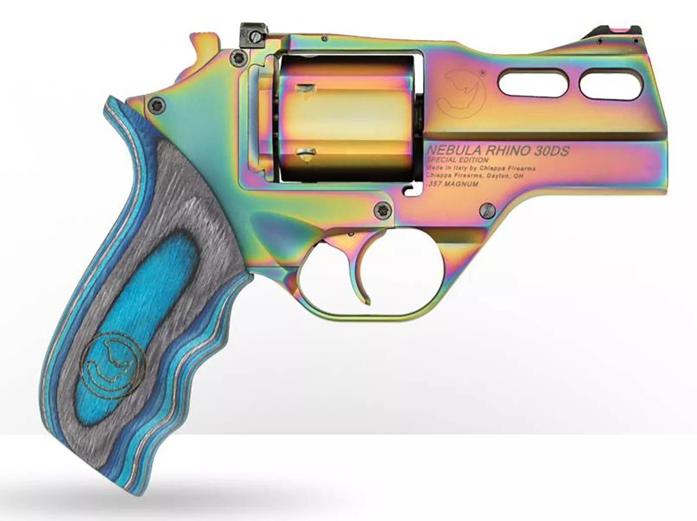 Chiappa Firearms CF340319 Rhino 30DS Nebula *CA Compliant 357 Mag Caliber with 3″ Vent Rib Barrel, 6rd Capacity Cylinder, Overall Rainbow PVD Metal Finish & Blue Laminate Grip