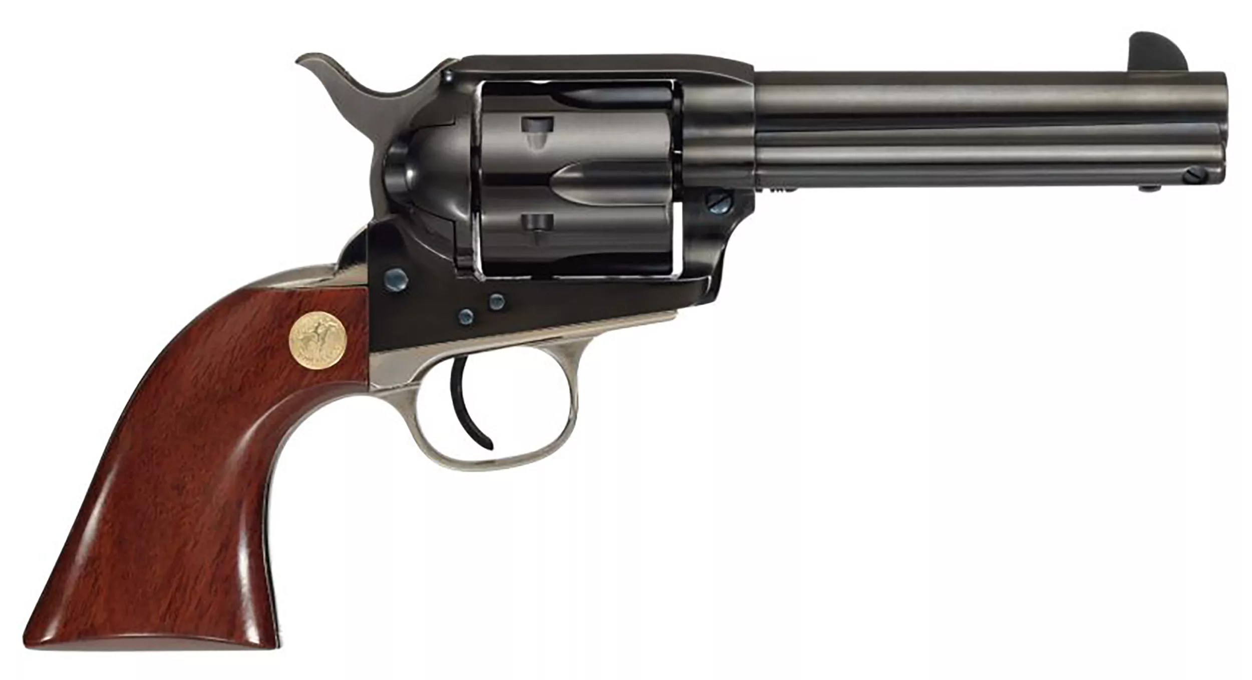Cimarron MP410B1401 Pistoleer45 Colt (LC) Caliber with 4.75″ Barrel, 6rd Capacity Cylinder, Overall Blued Finish Steel & Walnut Grip
