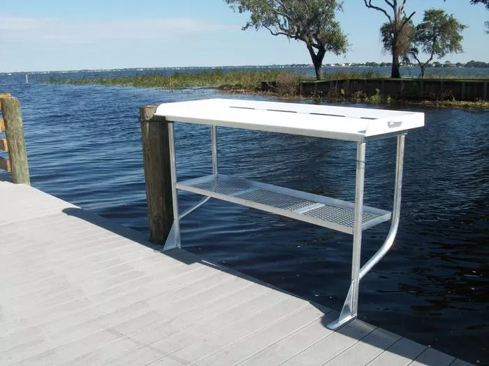 CM Marine Fillet Table | Model FCS96‑2 | Size 96″ x 24″ | 2‑Leg Overhang Design | TIG‑Welded Aluminum | Universal Dock Mount