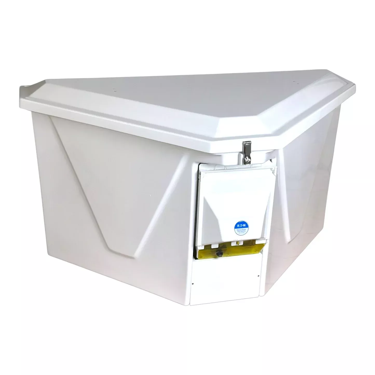 CM Marine Triangle Dock Box | Model CMTRI‑E‑S | 54″ Width | Marine‑Grade Fiberglass & 316 Stainless Hardware | Universal Dock & Seawall