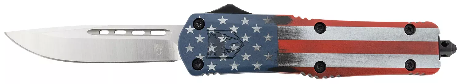 CobraTec Knives FS-3 American Flag Medium 3″ OTF Dagger Plain D2 Steel Blade 4.50″ Aluminum Cerakoted Handle