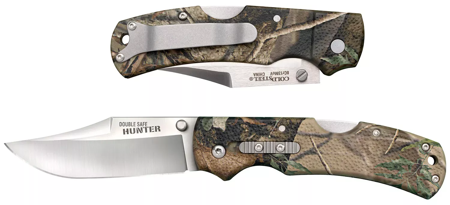 Cold Steel Double Safe Hunter 3.50″ Folding Clip Point Plain Satin 8Cr13MoV SS Blade/ Camo GFN Handle Includes Pocket Clip