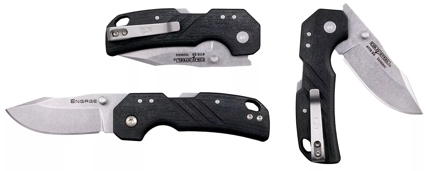 Cold Steel Engage 2.50″ Folding Clip Point Plain Stonewashed 4116 SS Blade Black GFN Handle Includes Belt Clip