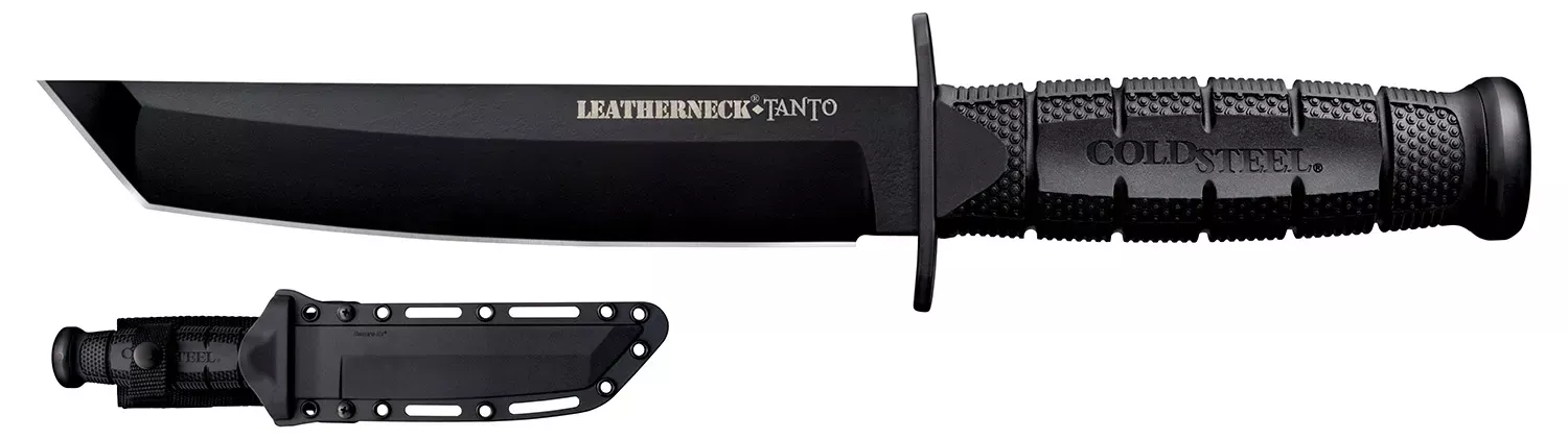 Cold Steel Leatherneck7″ Fixed Plain Tanto Black Matte Powder Coat German D2 Steel Blade/Black Deep Checkered w/double Quillon Guard/ Griv-Ex Handle