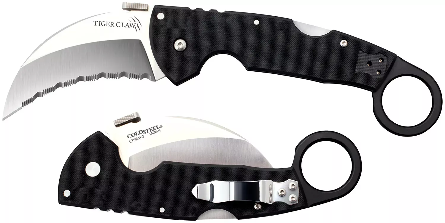 Cold Steel Tiger Claw 3.50″ Folding Hawkbill Serrated Stonewashed American S35VN Blade 6″ Matte Black w/Ring G10 Handle