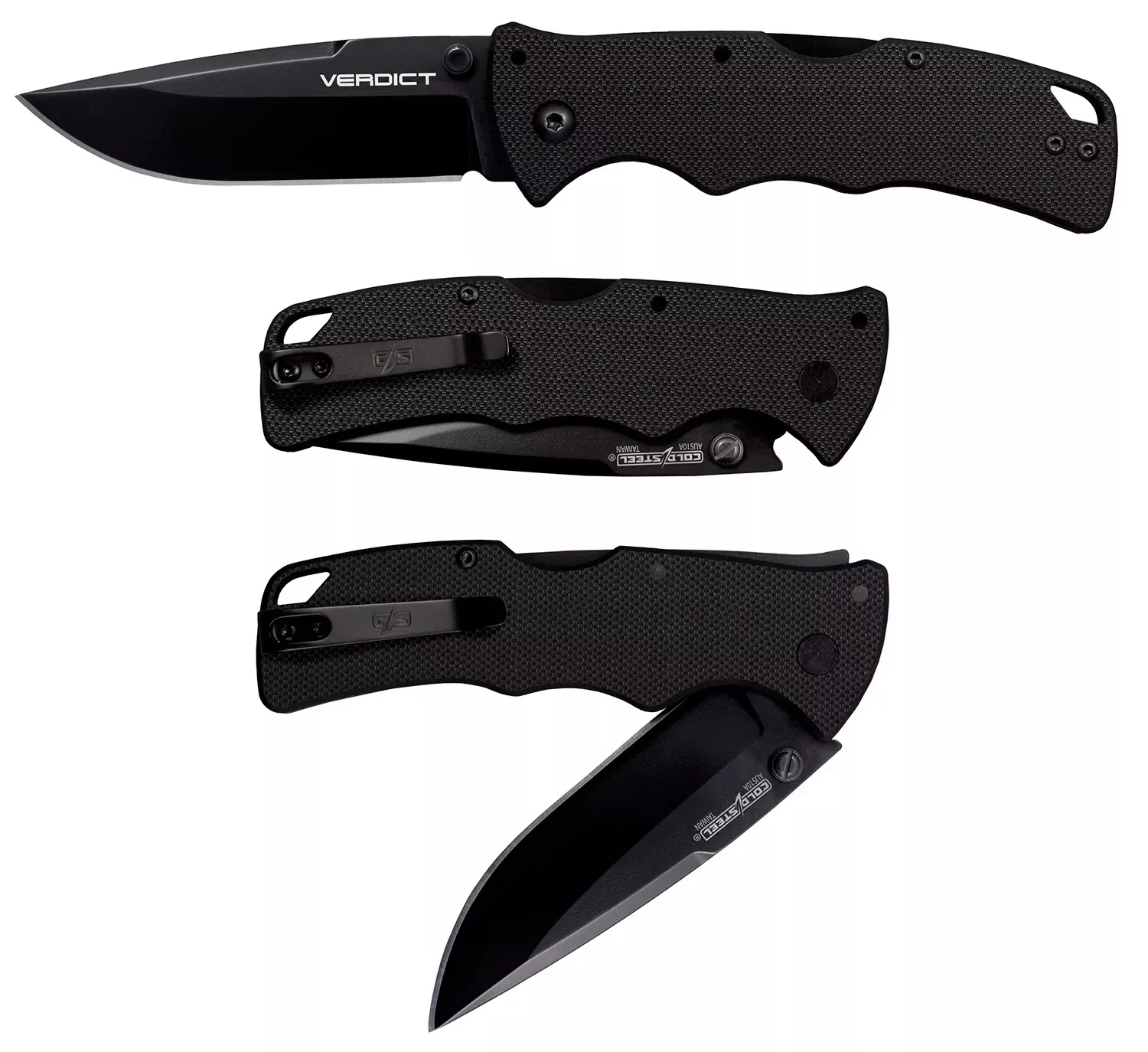 Cold Steel Verdict 3″ Folding Spear Point Plain Black Matte AUS-10A SS Blade Black G10 Handle Includes Belt Clip