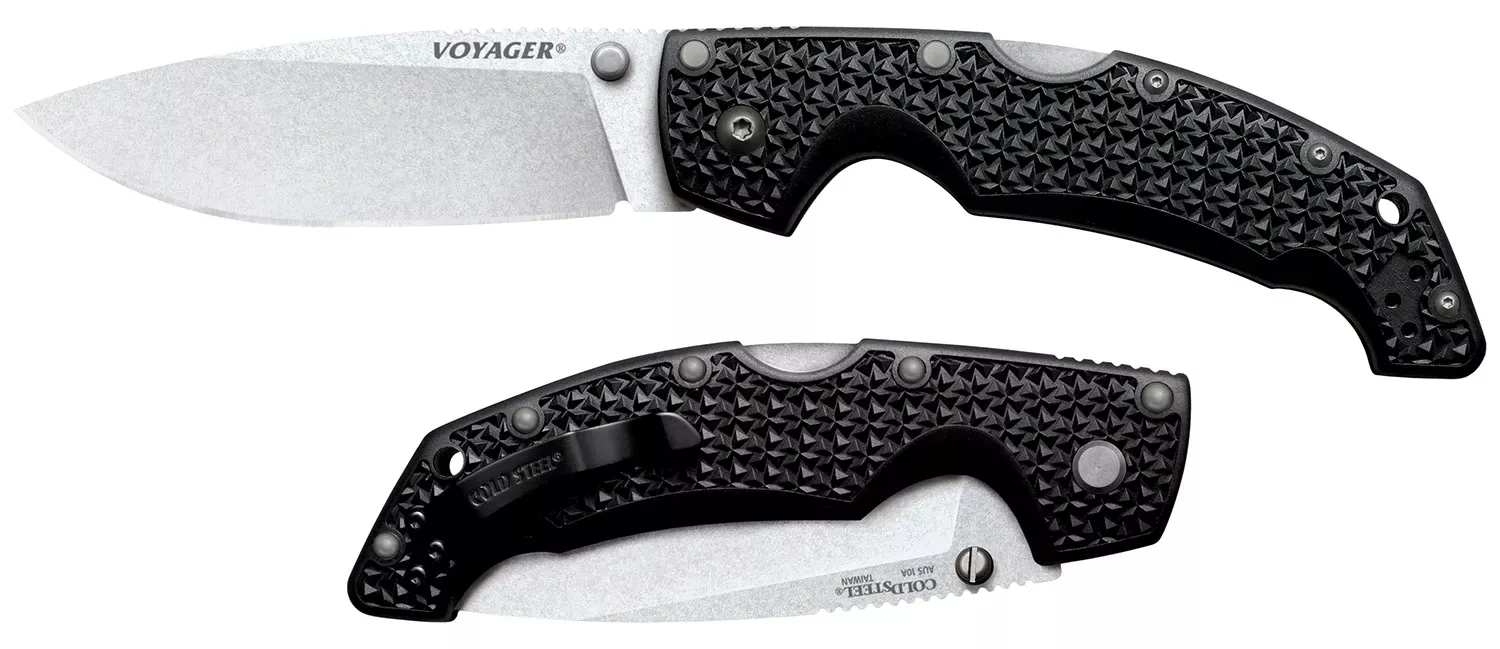 Cold Steel Voyager Large 4″ Folding Plain Drop Point Stone Washed AUS 10A Steel Blade/Black Textured Griv-Ex Handle