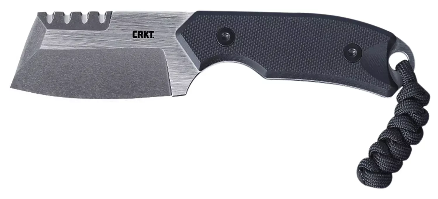 CRKT Razel Compact 2.32″ Fixed Plain Top Veff Serrations Brushed Stonewashed D2 Steel Blade Black G10 Handle