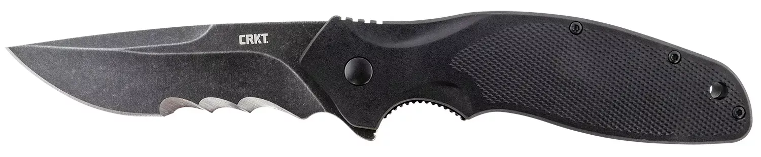 CRKTShenanigan3.35″ Folding Drop Point Veff Serrated Black Stonewashed 4116 Stainless Steel Blade/ Black GRN Handle Includes Pocket Clip
