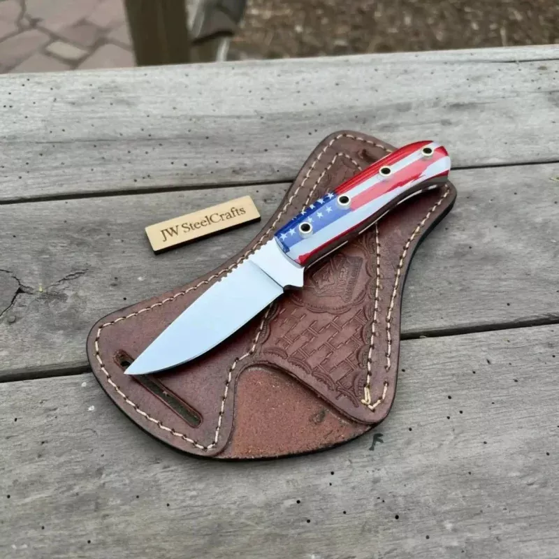 Custom Fixed Blade KnifeDrop Point Outdoor EDC with USA Flag Handle and Leather Sheath