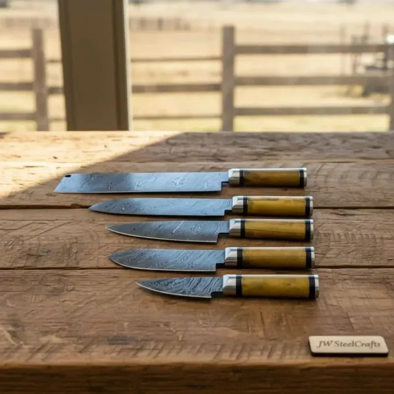 Custom Forged Damascus 5-Knife Chef SetOlive Wood Handles, Pro Grade