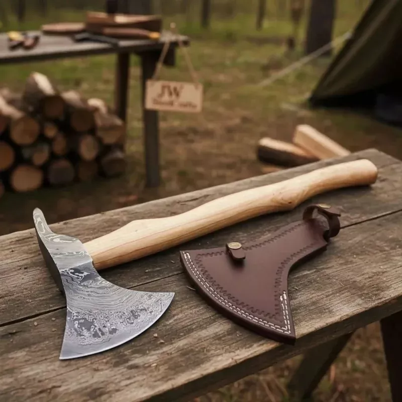 Damascus Camping Axe with 22 Inch Ash HandleHand Forged Bushcraft Axe with Leather Sheath | JW SteelCrafts