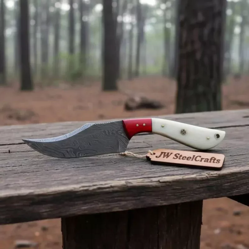Damascus Skinner Knife Bone Red Pakka 6 Overall