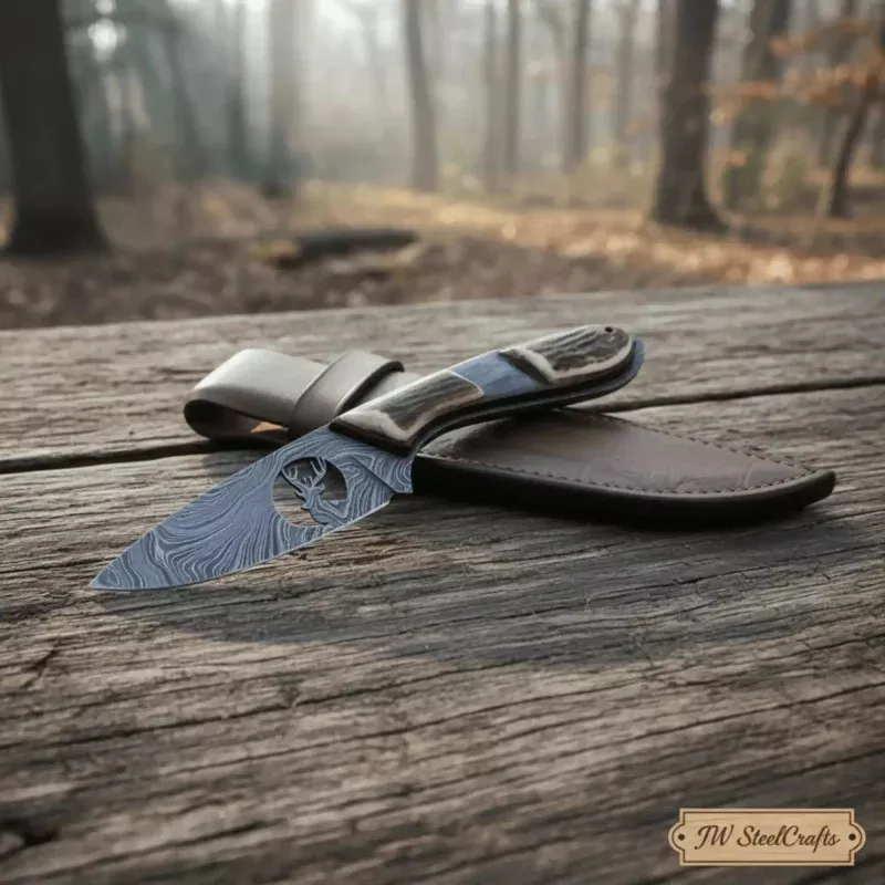 Damascus Skinner Knife Stag Handle 6.5 Fixed Blade