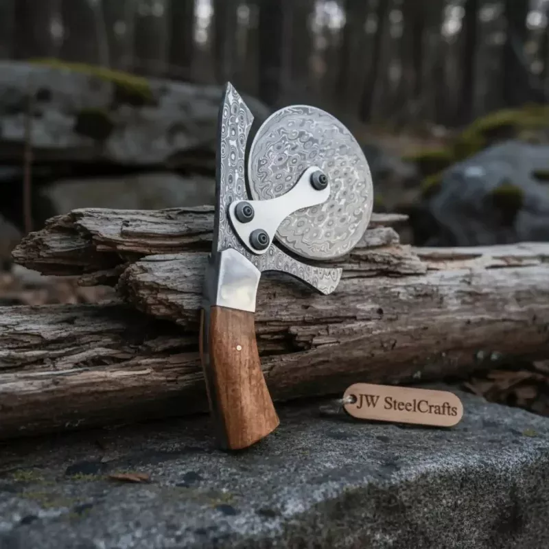 Damascus Steel Pizza Cutter Wheel with Wooden HandleHandmade Kitchen Tool