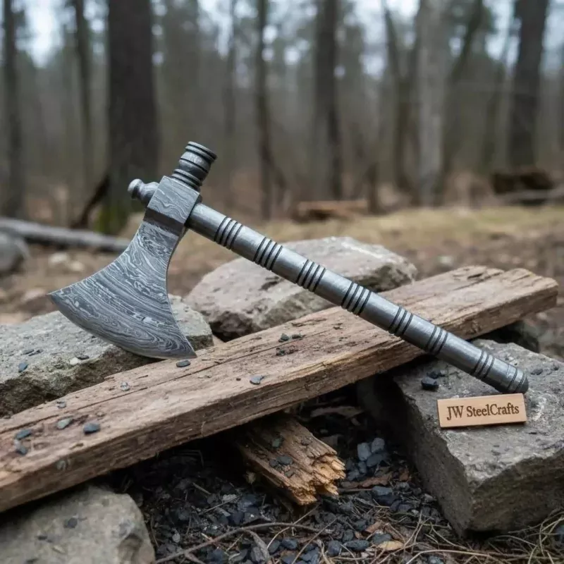 Damascus Steel Smoking Pipe AxeHand Forged Functional Pipe Tomahawk with Carved Hardwood Handle | JW SteelCrafts