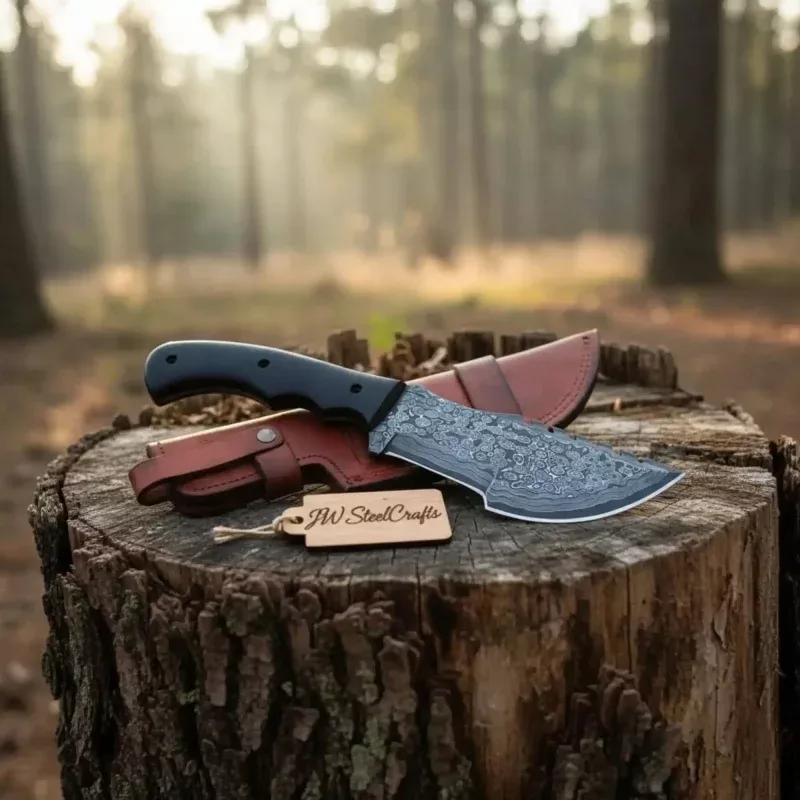 Damascus Steel Tracker Knife with Black Handle10 Inch Overall