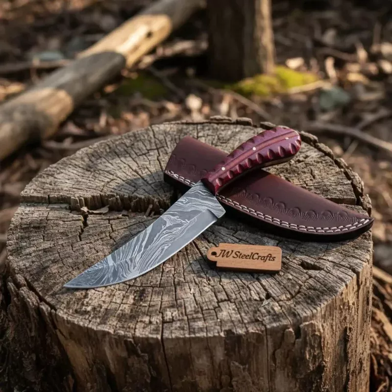 Damascus Trailing Point Skinner Knife with Red Wood Handle9 Inch Overall