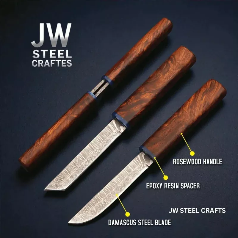 Damascus Utility Knife5-Inch Blade, Natural Rosewood Handle, Blue Epoxy Resin Spacer and Interlocking Wood Scabbard