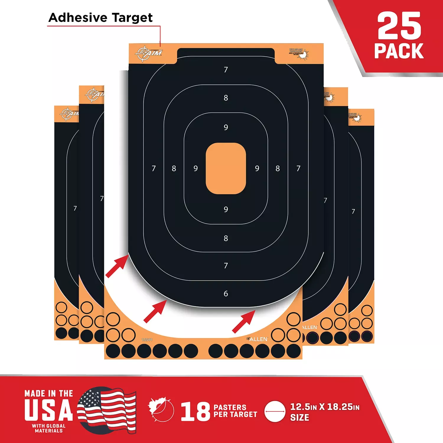 EZ-Aim Splash Training Target Self-Adhesive Paper Handgun Orange with Black Target Silhouette Includes Pasters 25 Per Pkg