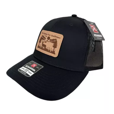 Fin Feather Fur Deer Scene Applique Etched Leather Black Snapback