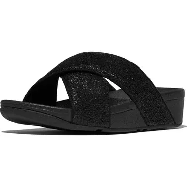 FITFLOP Lulu Crinkled-Shimmer Cross Metallic Black Slides (E6K-565)