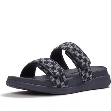 FITFLOP Women’s F-Mode Go Adjustable Checkerboard-Denim Two-Bar Slides (A1I)