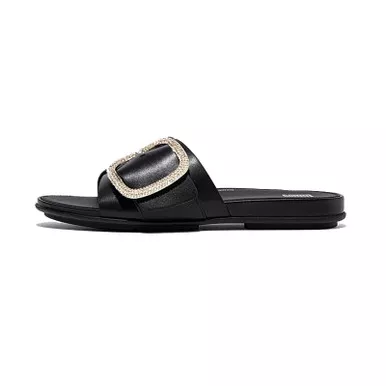 FITFLOP Women's Gracie Crystal Maxi-Buckle Black Leather Slides (HX3-001)