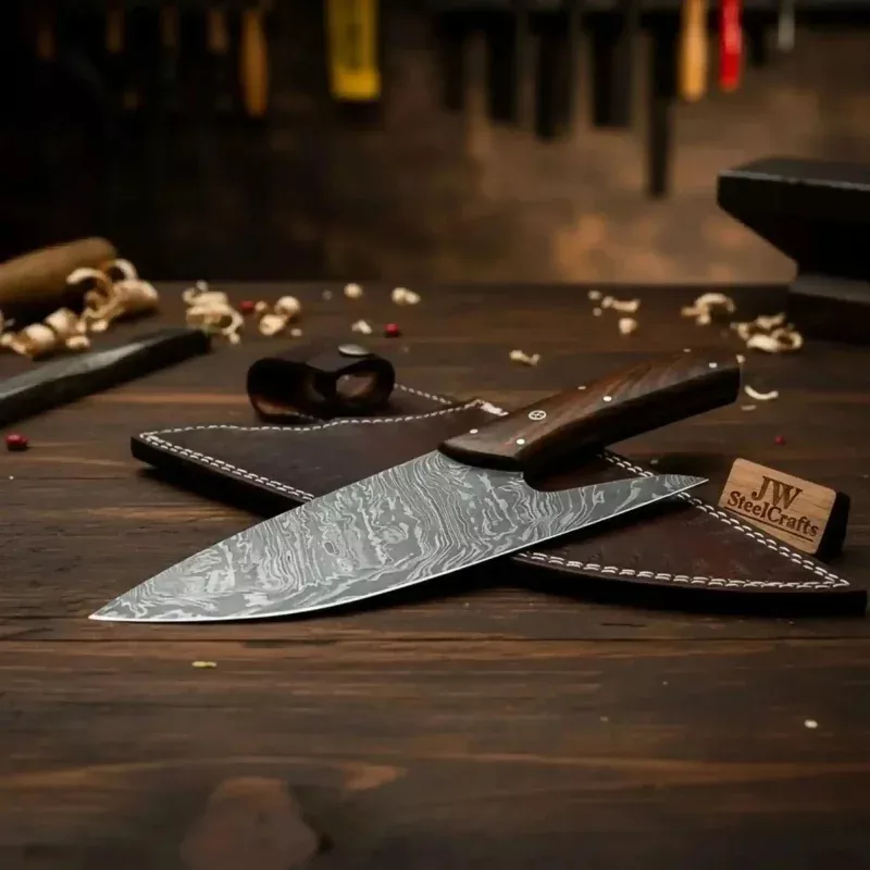 French-Style Damascus Chef Carving KnifeFire Pattern Blade, 10 Overall, Rosewood Handle with Mosaic & Brass Pins