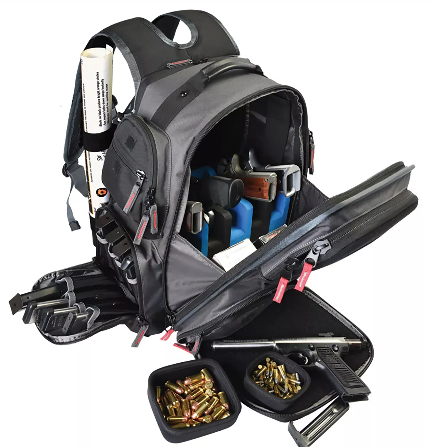 G*Outdoors Executive Backpack with Removeable Foam Cradle Holds 5 Handguns, Visual ID Storage System, 2 Side Pockets, Padded Pocket & Gray Finish Includes Ammo Dump Cups