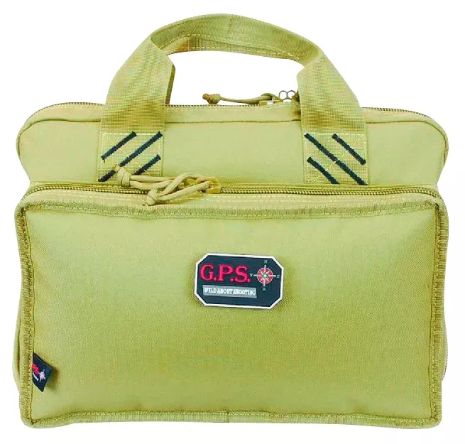 G*Outdoors Quad Pistol Range Bag with Visual ID Storage System, Side Pockets, Mag Storage Pocket & Tan Finish Holds Up To 4 Handguns Includes Ammo Dump Cups