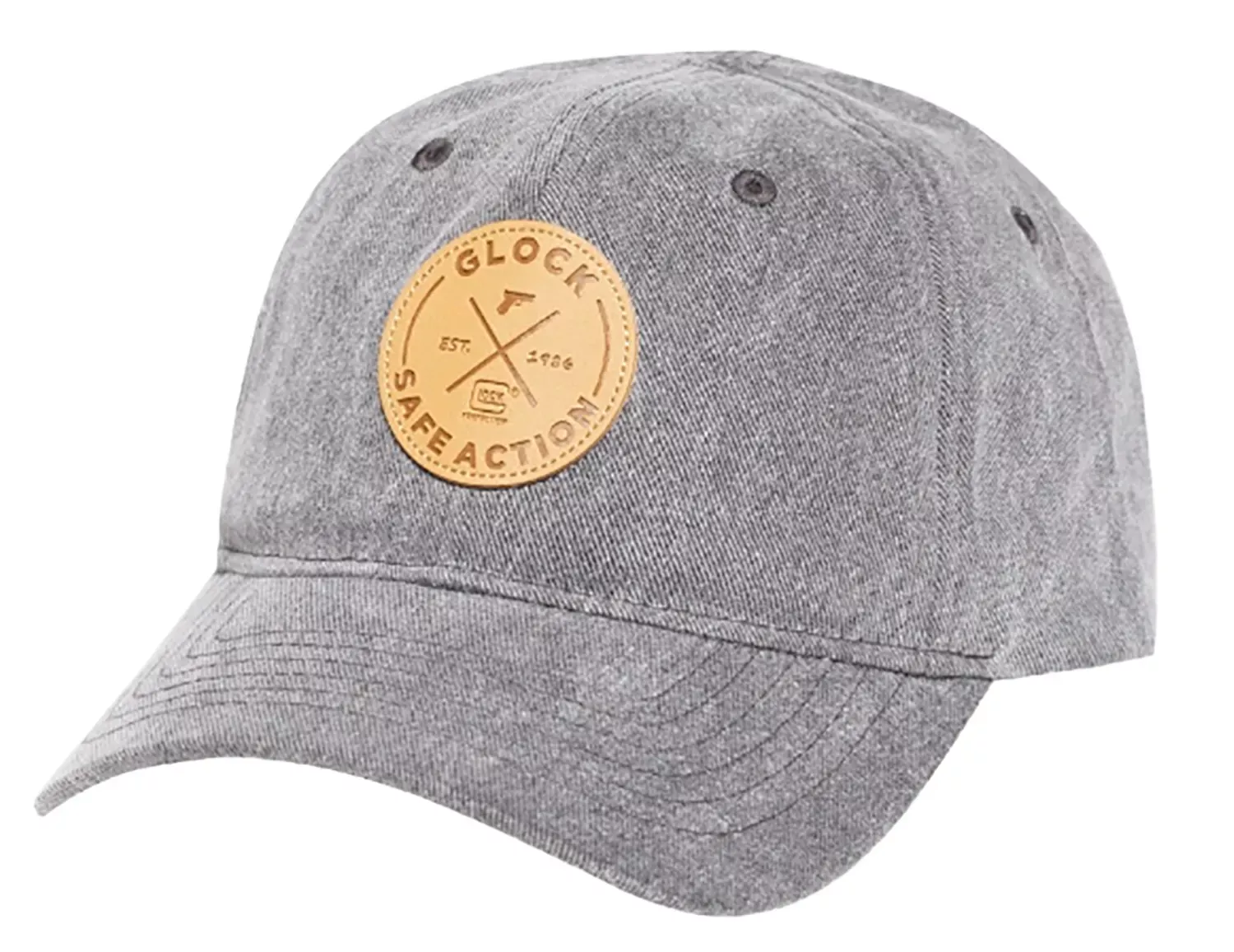 Glock Safe Action Patch Hat Distressed Gray Denim Adjustable Metal Buckle OSFA Relaxed Fit